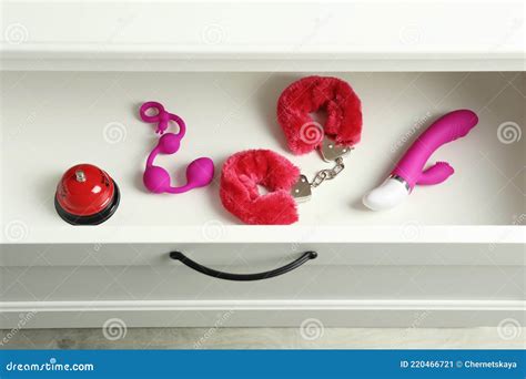 Different Modern Sex Toys In Open Wooden Drawer Above View Stock Image Image Of Adult Drawer