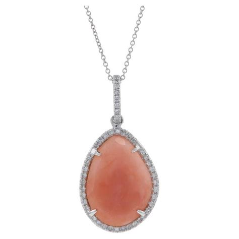 White Gold Pink Opal And Diamond Halo Pendant Necklace 14k Rose Slice