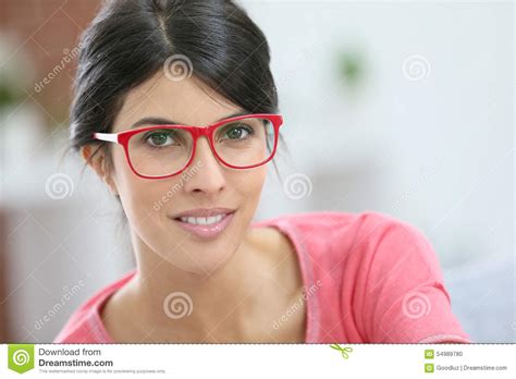Portrait Of Young Beautiful Woman Wearing Eyeglasses Stock