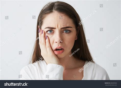 Close Photo Displeased Frightened Girl Looking Stock Photo 686905003