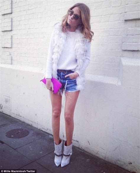 Millie Mackintosh Ignores The Winter Weather And Shows Off Her Slim Legs In A Pair Of Tiny Denim