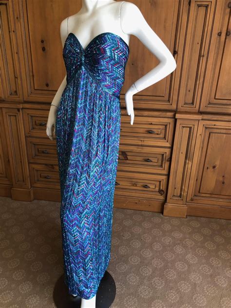 Bob Mackie Vintage 70s Strapless Bugle Beaded Embellished Silk Evening Dress For Sale At