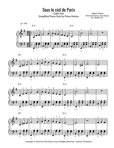 Piano Notion Sous Le Ciel De Paris Sheet Music Piano Solo In E