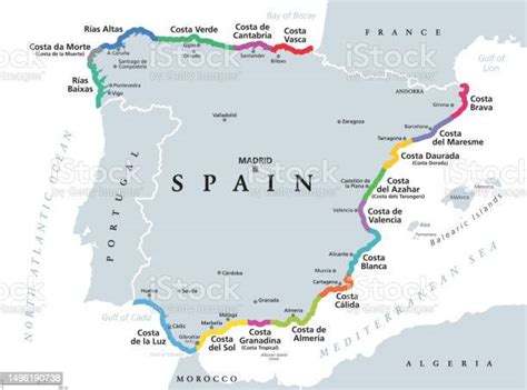 Spain Beaches And Coastlines Of The Spanish Riviera Political Map Stock