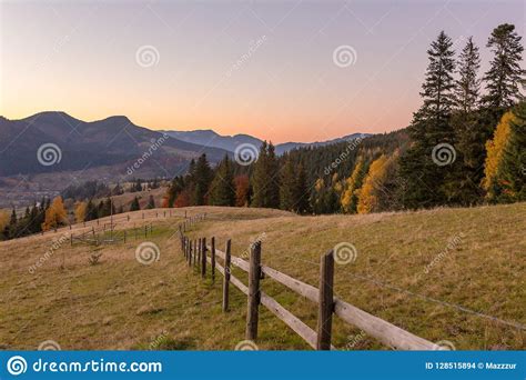 Beautiful Autumn Landscape With Colorful Trees At Sunset