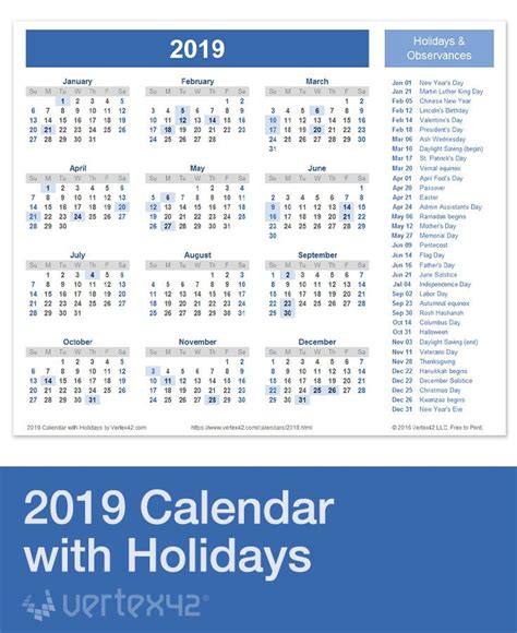 Download A Free Printable 2019 Holiday Calendar From