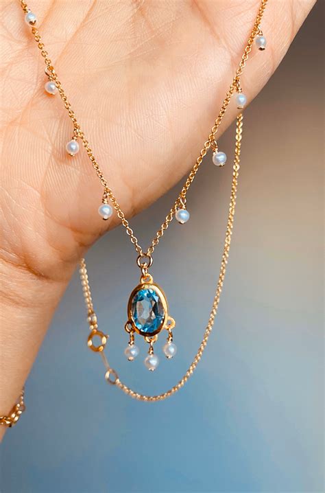 Blue Topaz Necklace Victorian Necklace Seed Pearls 14k Etsy