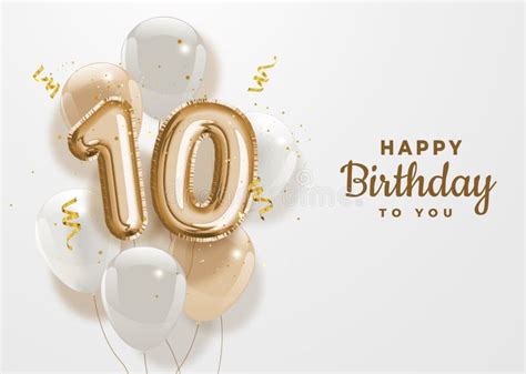 Happy 10th Birthday Gold Foil Balloon Greeting Background Stock Vector