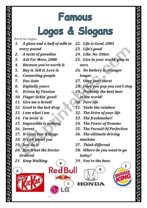 The Task Is To Match Slogans With Logos The Worksheet Is Good For The