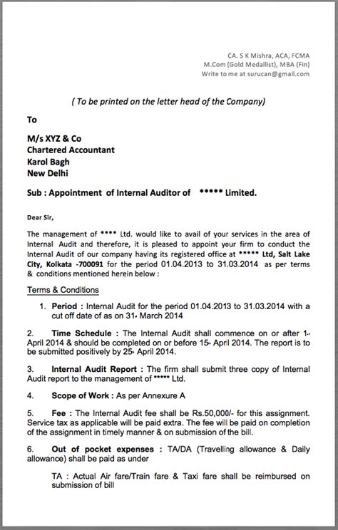 internal auditor appointment letter   printed