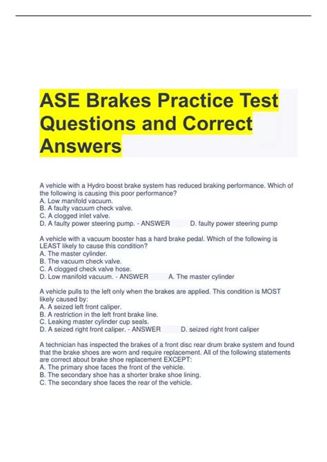 ASE Brakes Practice Test Questions and Correct Answers - ASE Brakes