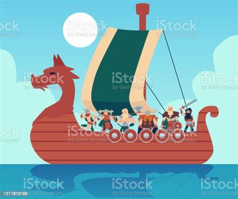 İskandinav Gemisi Drakkar Gemide Vikingler Düz Vektör Illüstrasyon Stok