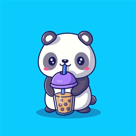 Симпатичные панда пить чай с молоком боба мультфильм значок