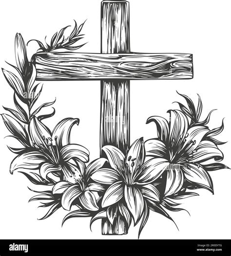 Happy Easter Wooden Cross And Floral Blooming Lilies Easter Symbol
