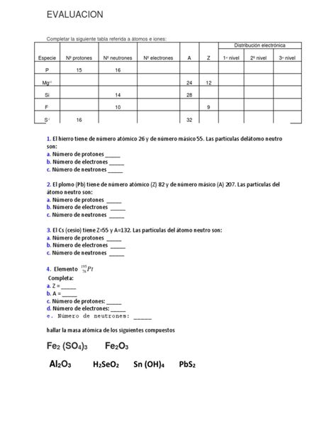 Evaluacion De Quimica Grado Decimo Primer Periodo Protón Átomos