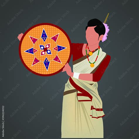 Assam Woman With Traditional Dress Beautiful Vector Graphic Art Bihu