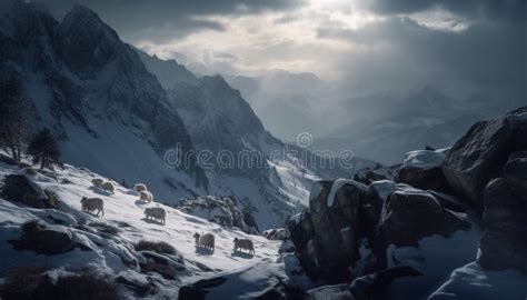 Majestic Mountain Peak Rises High Up In Panoramic Winter Landscape