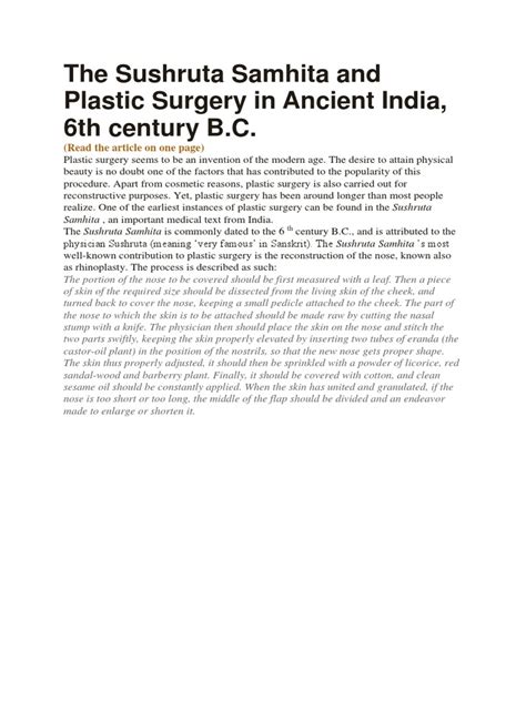 The Sushruta Samhita And Plastic Surgery In Ancient India