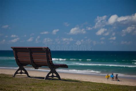 Bench By The Beach With Surfers In Background Stock Image Image Of