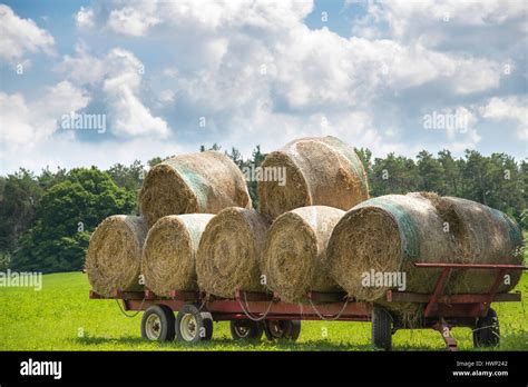Large Round Bales Of Hay Stacked On A Red Cart In A Farmers Field In
