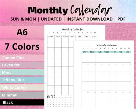A6 Monthly Calendar Printable Monthly Planner Personal Etsy