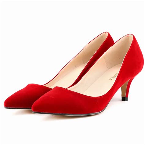 Faux Velvet Classic Ladies Women Pumps High Heels Red Sexy Pointed Toe Low Heels Wedding Shoes