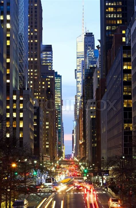 New York City Manhattan Street View With Busy Traffic At