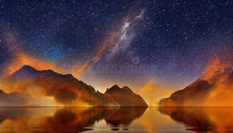 Night Starry Sky Nebula Milky Way Orange Light Mountain On Horizon And