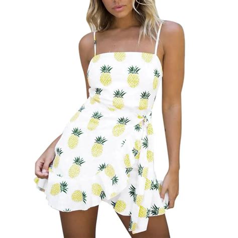 Feitong Pineapple Print Sleeveless Dress Women Sexy Slash Neck Sundress Dresses Bodycon Beach