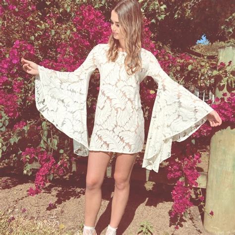 White Lace Boho Dress With Bell Sleeves By Palmcollective On Etsy