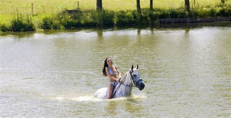 Equestrian On Horseback Riding Through Water Stock Photo By ©phbcz