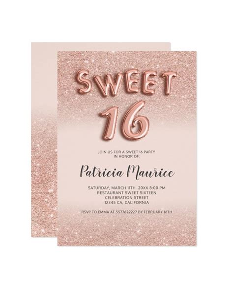 Rose Gold Glitter Ombre Balloons Letters Pink Chic Sweet 16 Invitation