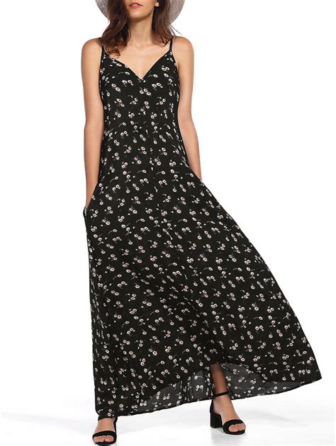 2018 Spaghetti Strap Floral Casual Maxi Dress In Black S