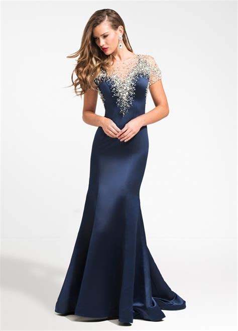 fashion luxury navy blue long prom dress mermaid short sleeves backless women pageant gown for