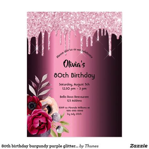 80th birthday burgundy purple glitter invitation postcard | Zazzle.com ...