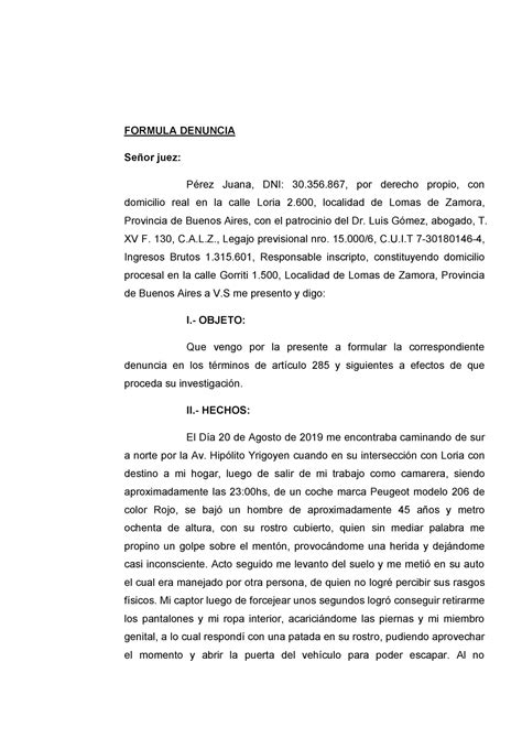 Modelos De Escritos Penales Formula Denuncia Señor Juez Pérez Juana