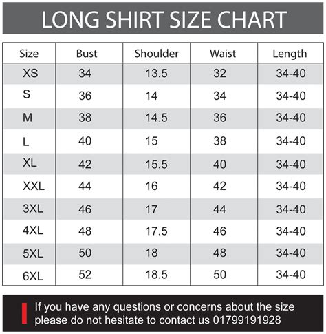 Long Shirt Size Chart Xpression