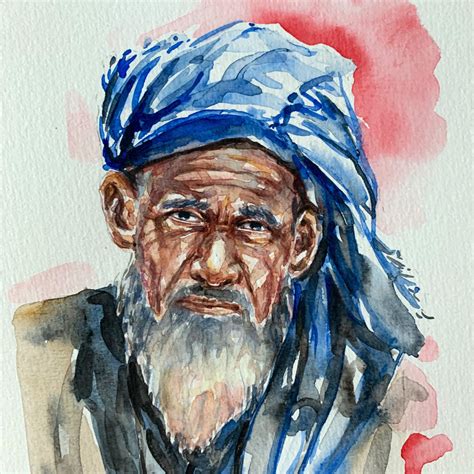 Kashmir - Watercolor portrait ,original portrait,old man art,small portrait,man portrait ...