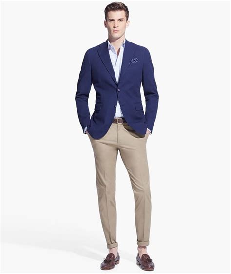 Mens Outfit Inspiration Lookbook Navy Blazer Beige Chinos Blue