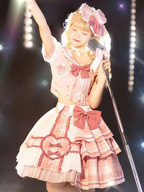 Idol Clothes Lolita Op Dress 4 Piece Set Sleeveless Plaid Pattern Bows