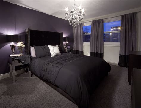 Home designs 6 black purple living room black and white graphic. Bedroom with purple feature wall and drapery, crystal ...