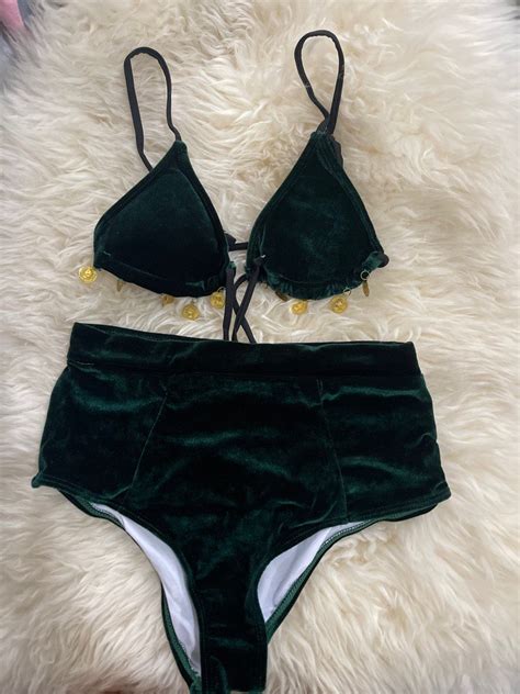 Green Velvet Highwaist Bikini With Gold Shimmers Women S Fashion