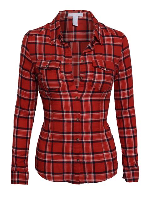 Hot From Hollywood Women S Classic Collar Button Down Long Sleeve Lightweight Plaid Flannel