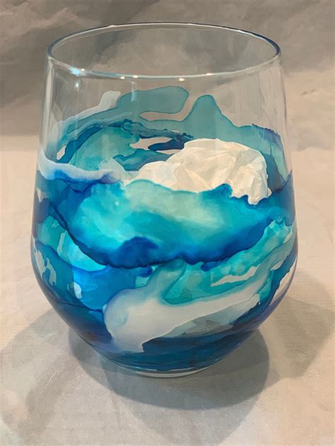 Blue Hand Painted Stemless Wine Glass Etsy Hand Painted Wine Glass Hand Painted Wine