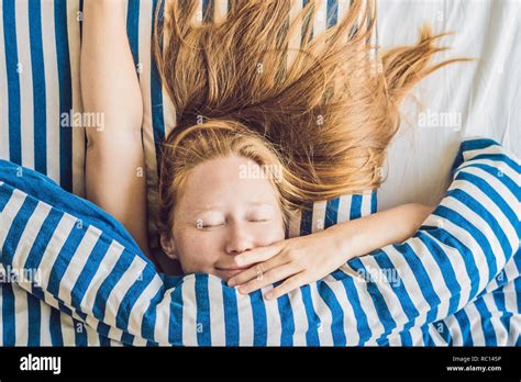 Beautiful Young Woman Lying Down In Bed And Sleeping Do Not Get Enough Sleep Concept Stock