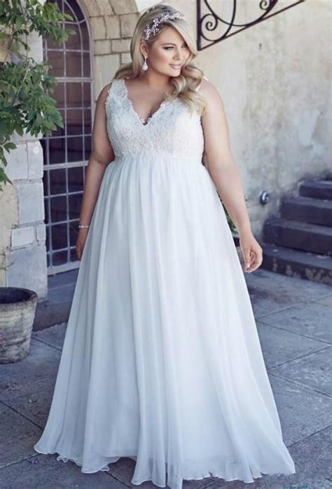 stunnng plus size beach wedding dresses 2016 chiffon garden a line v neck appliques sweep train