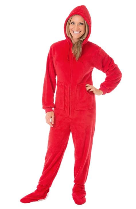 Red Plush Hooded Adult Footed Pajamas Footie Drop Seat Mens Womens Pjs