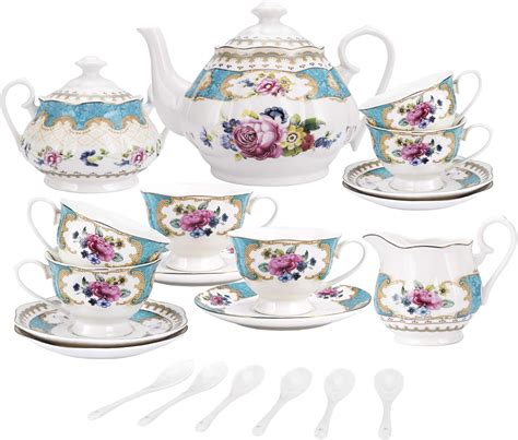 Fanquare 15 Pieces European Retro Rose Tea Set English Flora Tea Set For Adults Porcelain Coffee