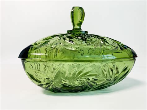 Vintage Green Hazel Atlas Glass Triangle Candy Dish Jar W Lid Retro Green Kitchen Living Room