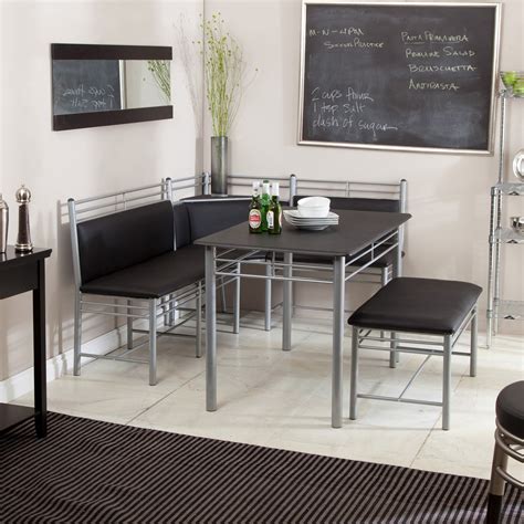 Modern Corner Bench Kitchen Design With Black Leather Cushion And Metal Structure Black Top Table With Metal Legs An Additional Black Leather Cushioned Bench Black Chalk Board Wall Decoration 